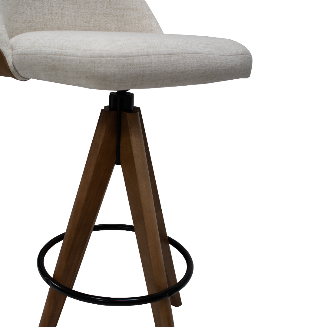 Banqueta Olivia Menegaz Giratória Noce Linho Bege e Courino Caramelo