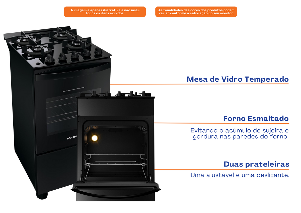 Fogão 4 Bocas Brastemp BFO4VAE Piso Mesa Vidro Grades Duplas de Ferro Fundido Preto Bivolt