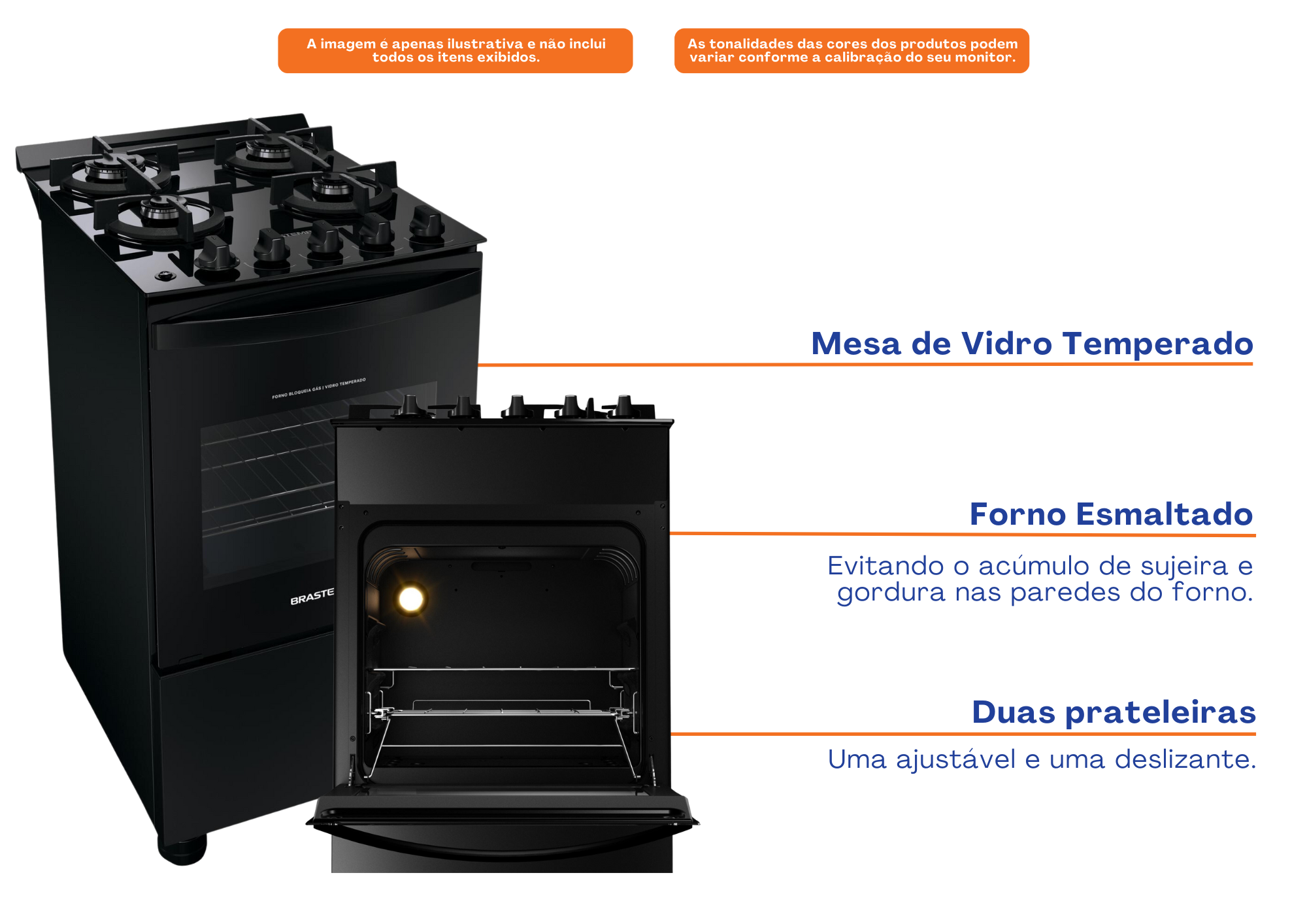 Fogão 4 Bocas Brastemp BFO4VAE Piso Mesa Vidro Grades Duplas de Ferro Fundido Preto Bivolt