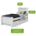 Cama Solteiro Bibox Athenas Lopas Cama Auxiliar e 2 Gavetas Branco