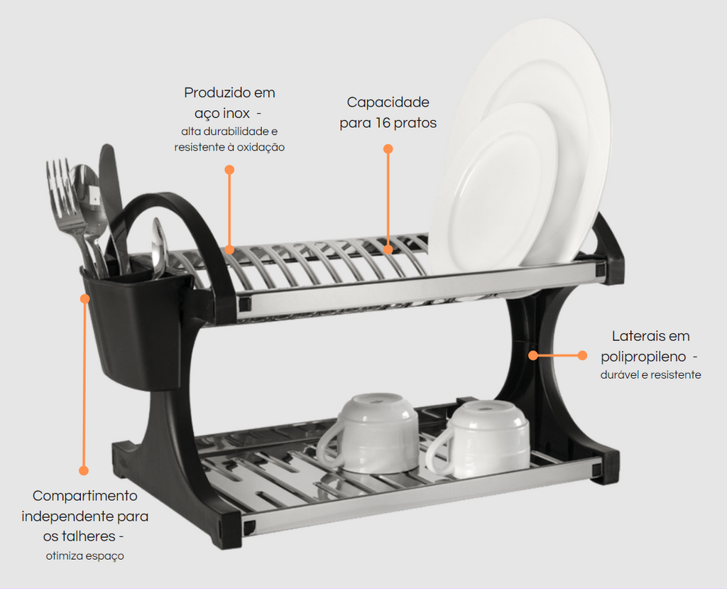 Escorredor de Louça Brinox Suprema 16 Pratos com Porta Talheres Aço Inox