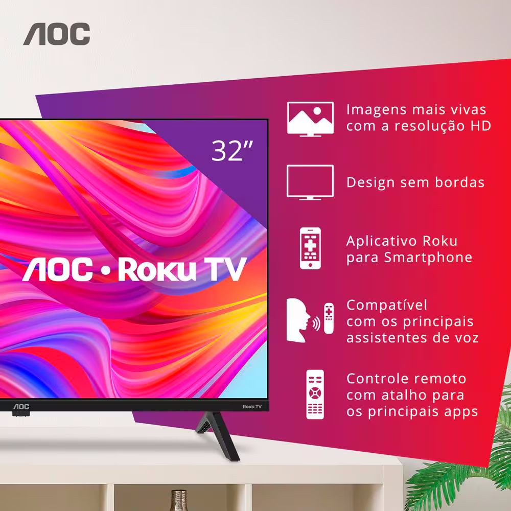 Smart TV LED 32" HD AOC 32S5045 Roku TV Bivolt