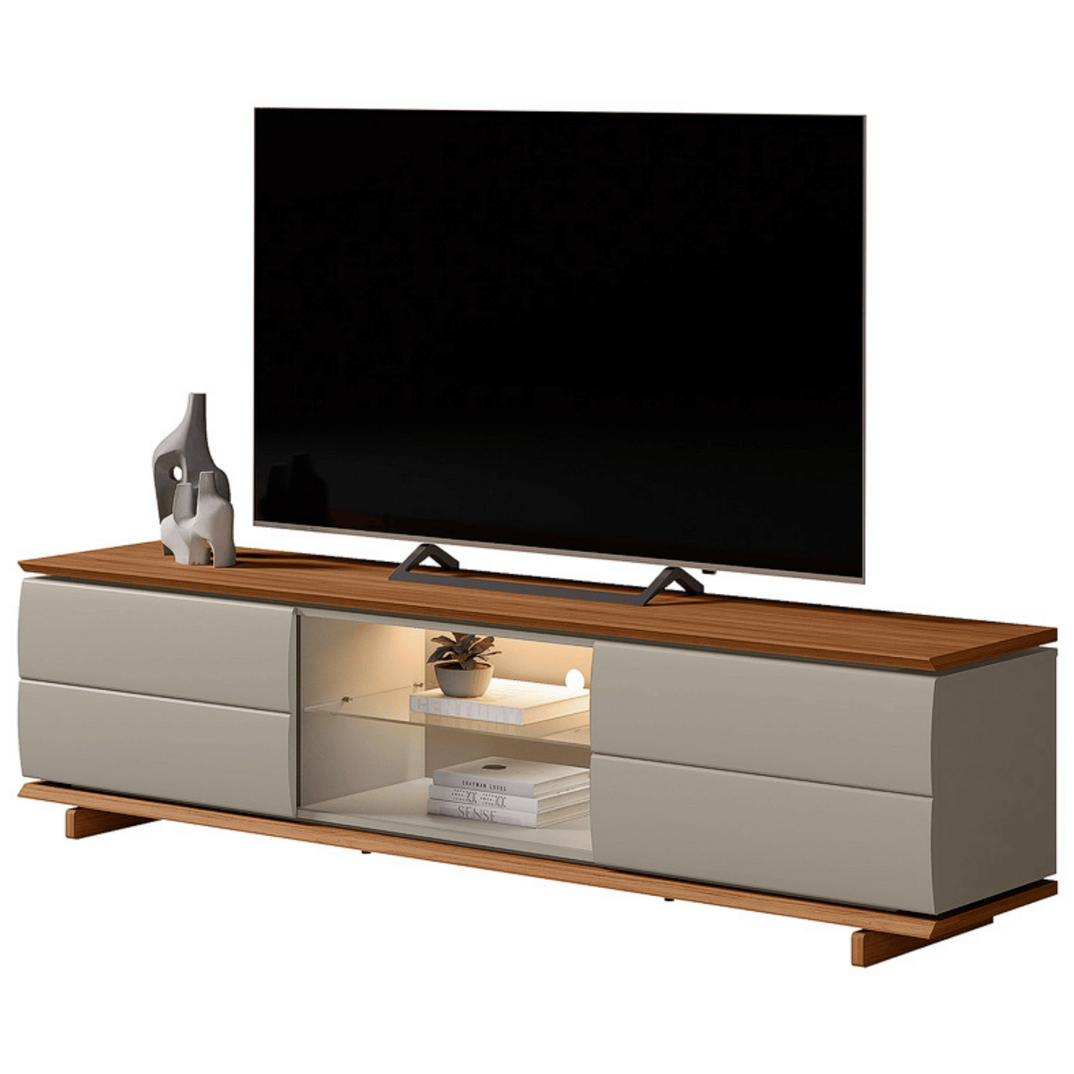 Rack Córdoba Linea 218cm 2 Portas com Led Canela e Gris Fosco