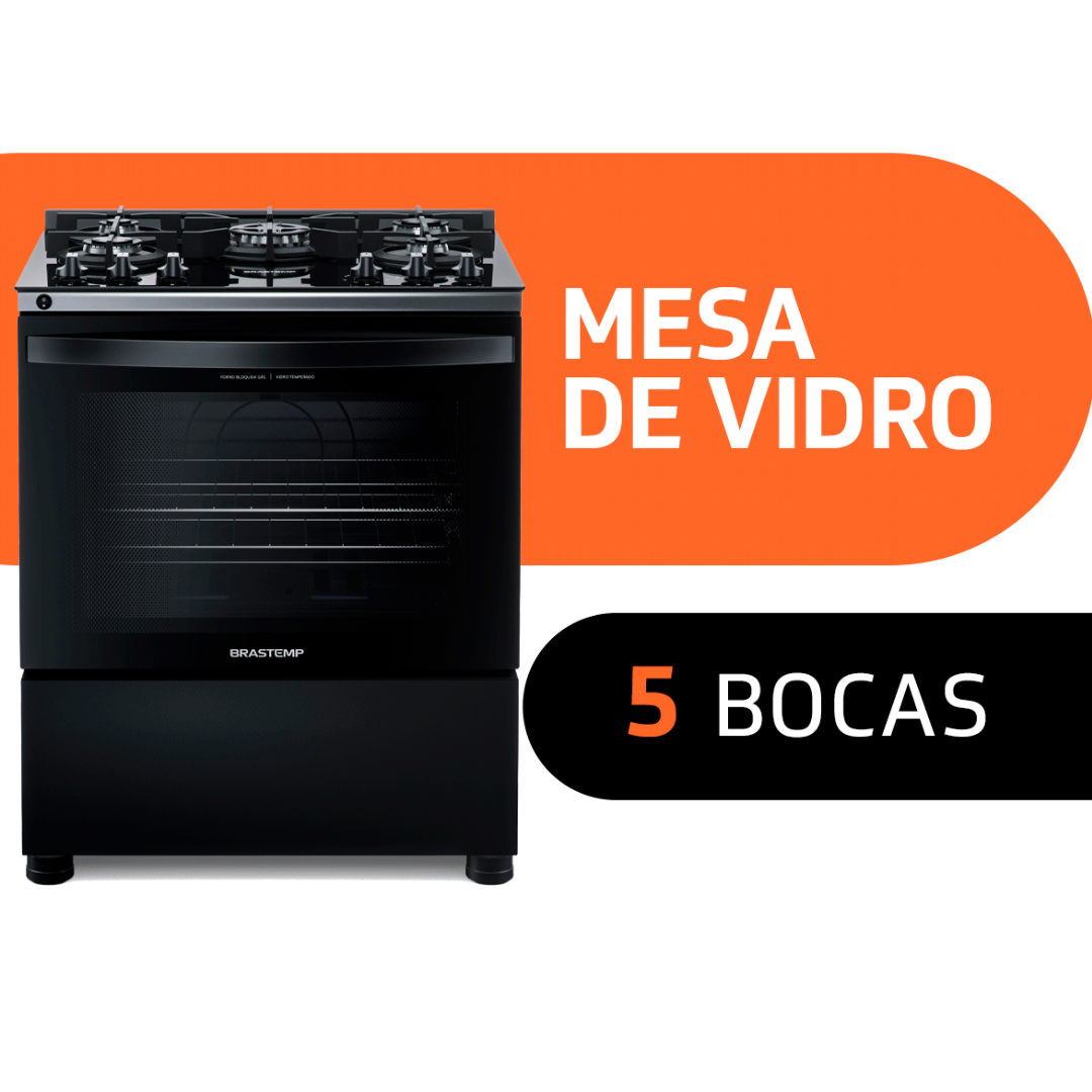 Fogão 5 Bocas Brastemp BFS5VCE Mesa de Vidro e Turbo Chama Preto Bivolt