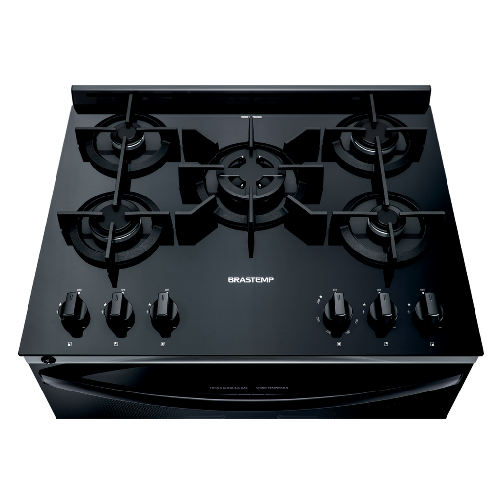 Fogão 5 Bocas Brastemp BFS5VCE Mesa de Vidro e Turbo Chama Preto Bivolt