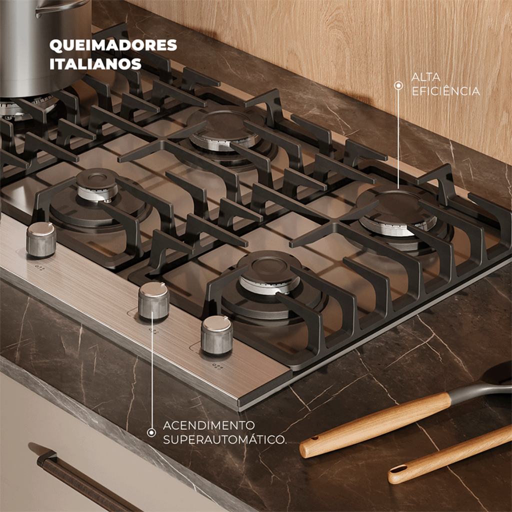Cooktop à Gás Fischer 5 Bocas Platinium Prime Tripla Chama Inox Bivolt