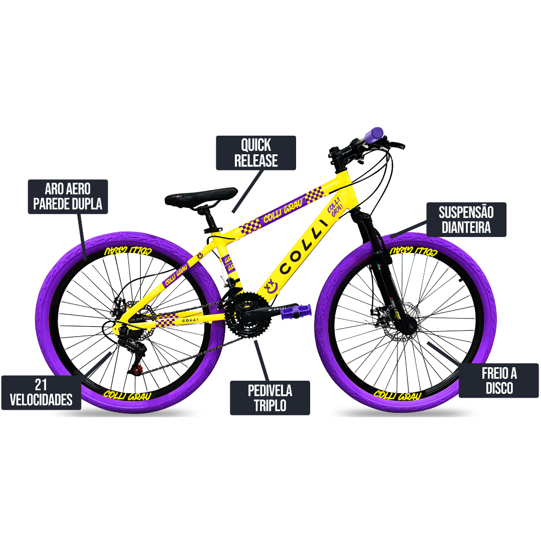 Bicicleta Colli Grau Aro 26 Freio a Disco 21 Velocidades Amarelo Fosco