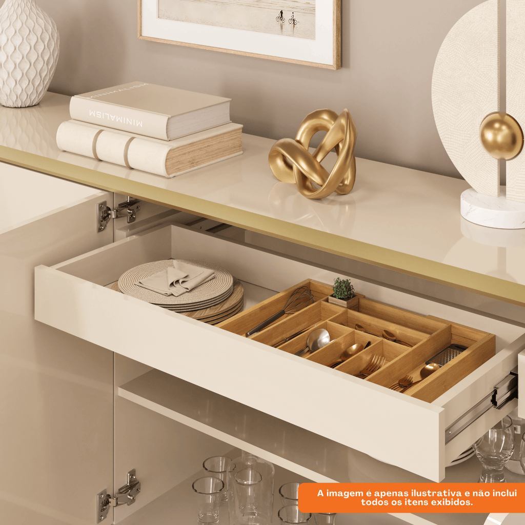 Balcão Buffet Liara Dj Móveis 180cm 4 Portas Off White com Dourado