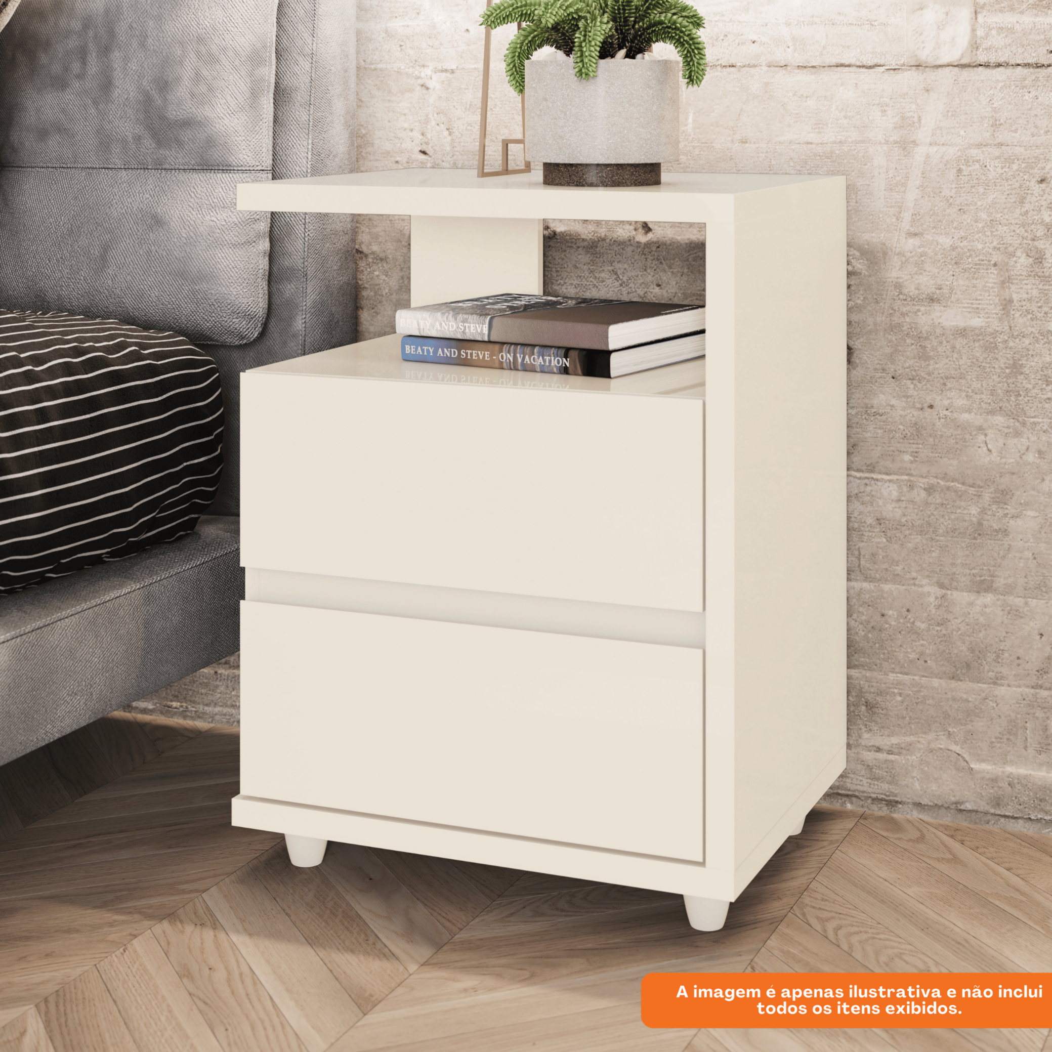 Mesa de Cabeceira Campeche Henn 2 Gavetas Off White