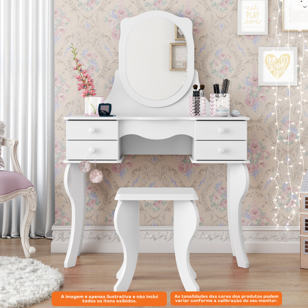 Penteadeira Princesa Patrimar com Espelho e Banco 96cm Branco