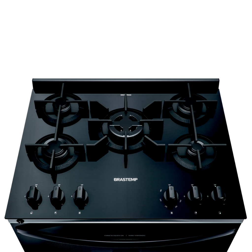Fogão 5 Bocas Brastemp BFS5VCE Mesa de Vidro e Turbo Chama Preto Bivolt