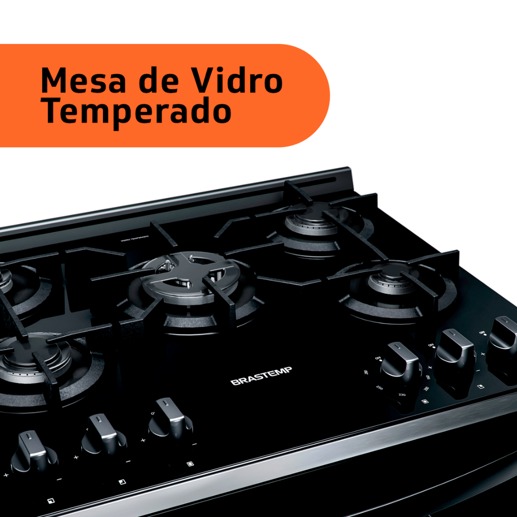 Fogão 5 Bocas Brastemp BFS5VCE Mesa de Vidro e Turbo Chama Preto Bivolt