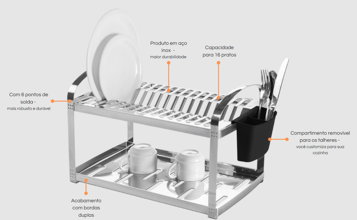 Escorredor de Louça Brinox Suprema com Porta Talheres 16 Pratos Inox