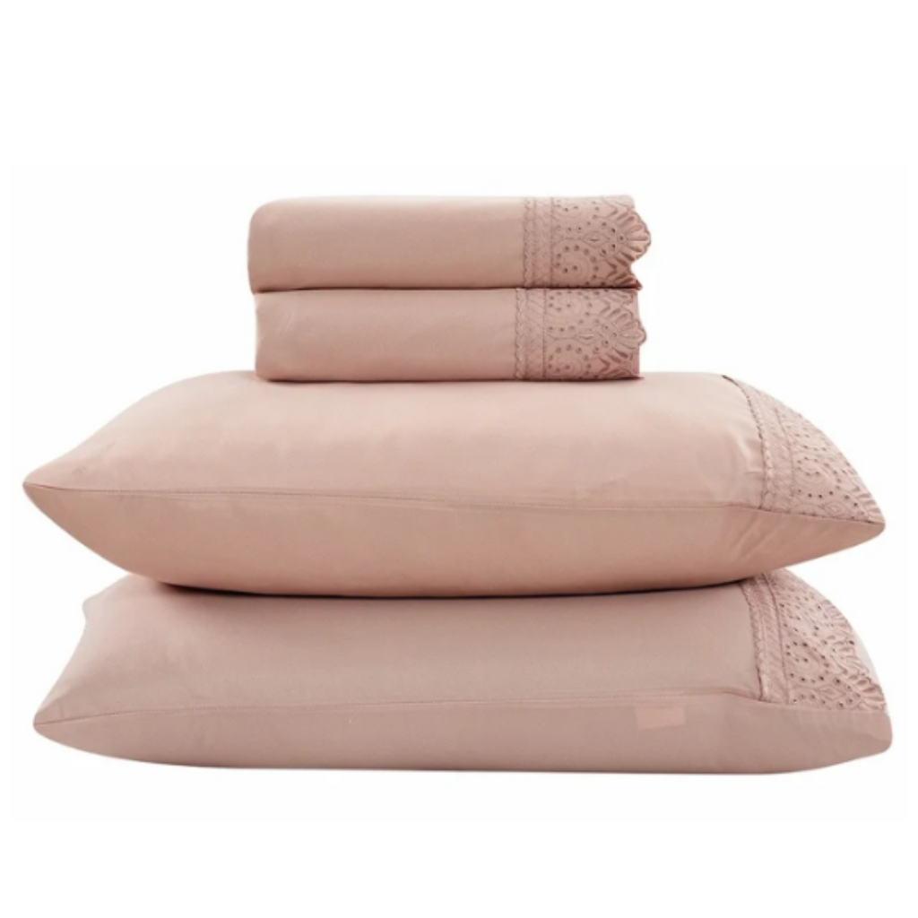 Jogo de Roupa de Cama King 4 Peças Hedrons Rendas Toque de Algodão Rosa Tule
