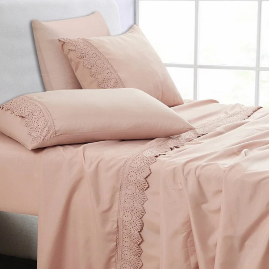 Jogo de Roupa de Cama King 4 Peças Hedrons Rendas Toque de Algodão Rosa Tule