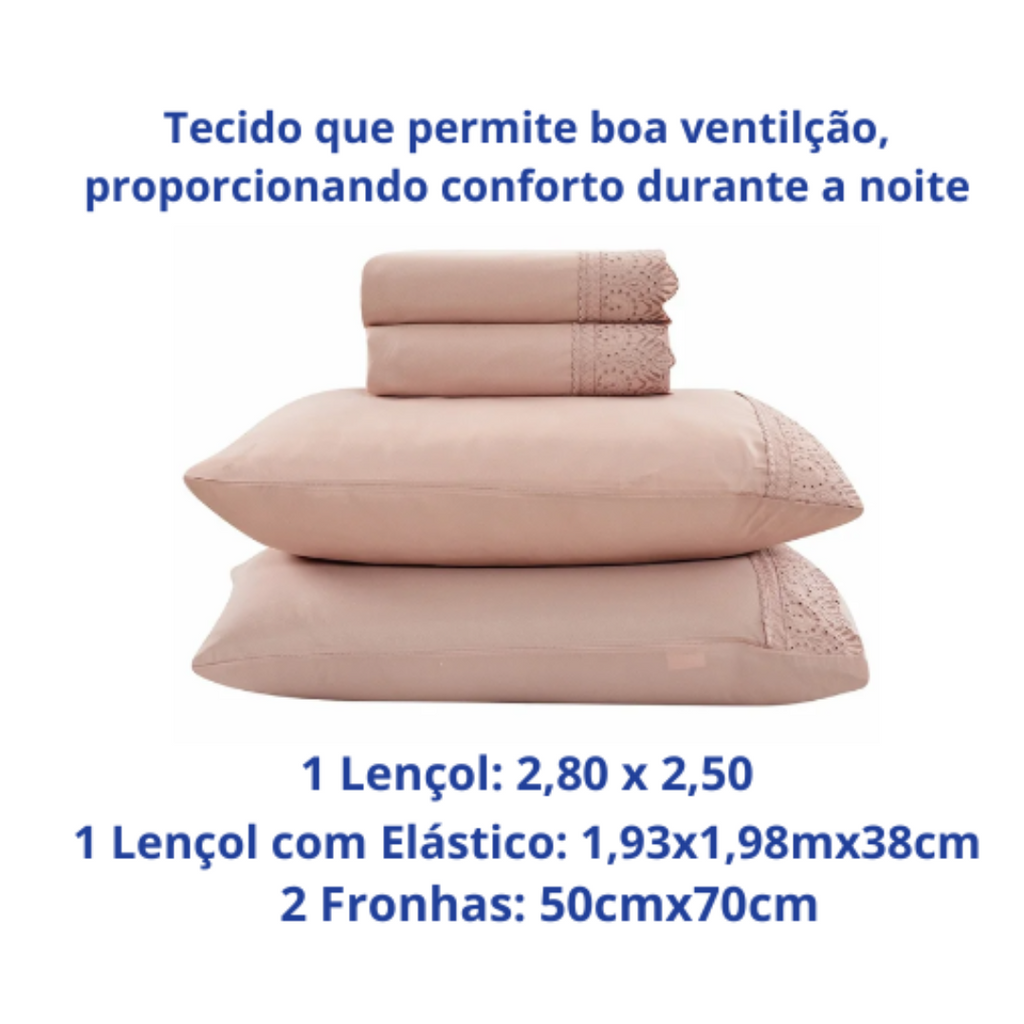 Jogo de Roupa de Cama King 4 Peças Hedrons Rendas Toque de Algodão Rosa Tule