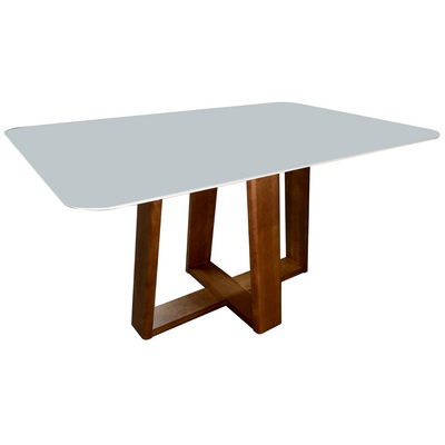 Mesa Retangular Manu Menegaz 140x90cm Canto Moeda Noce Tampo de Vidro Off White