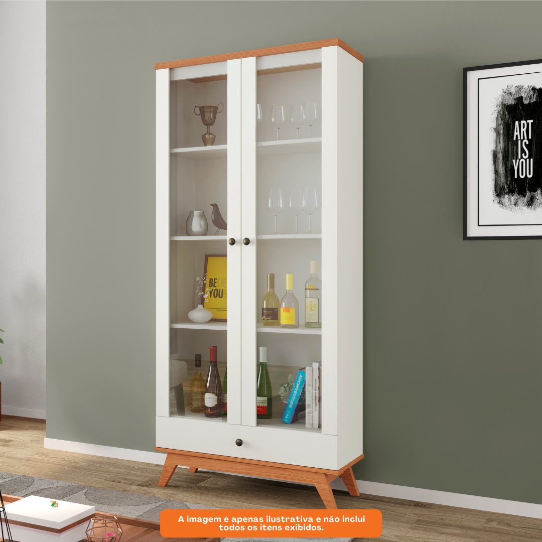Cristaleira 100% MDF C704 Dalla Costa 2 Portas 1 Gaveta Off White e Freijó