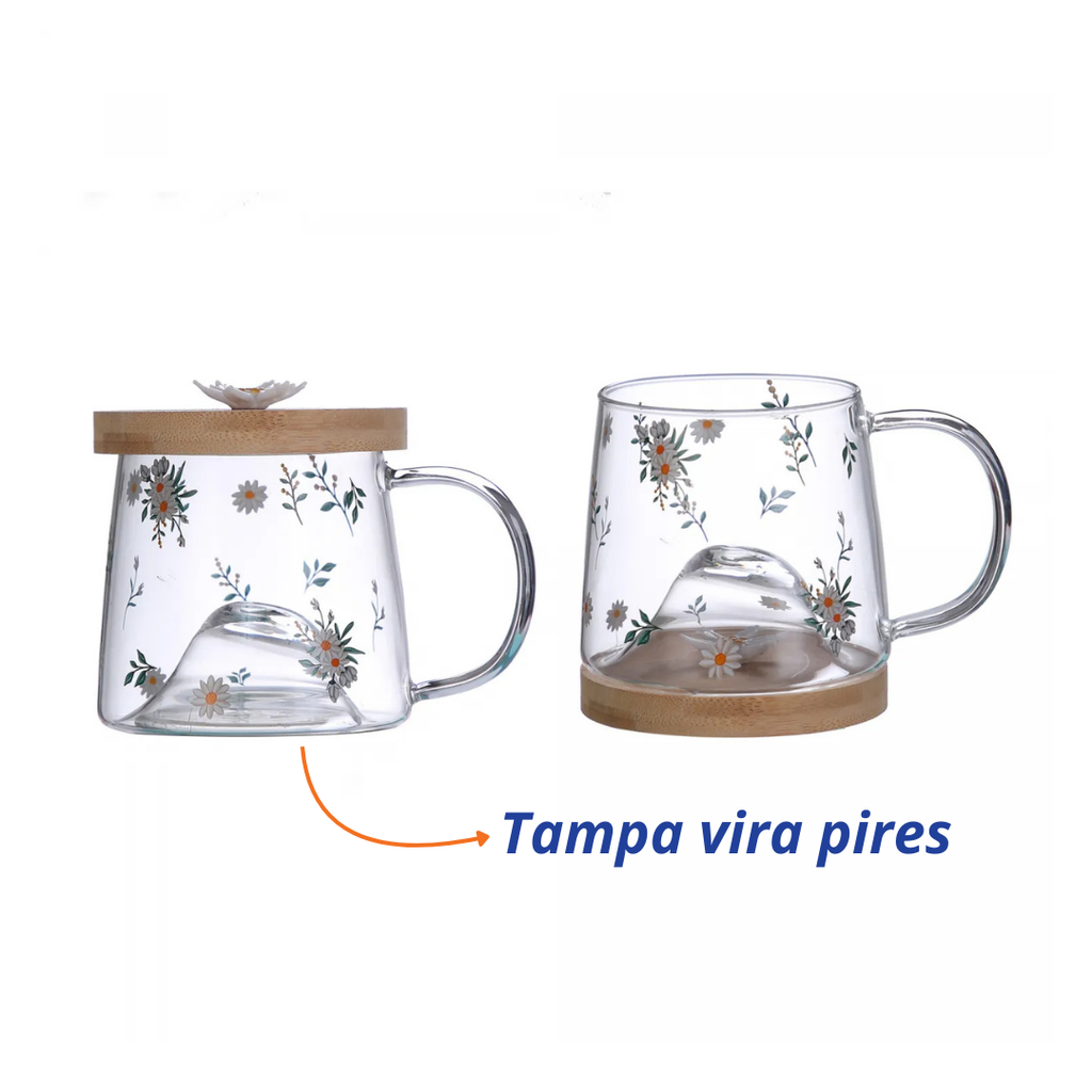 Caneca de Vidro Borossilicato Coliseu com Pires de Bambu Daisy 330ml