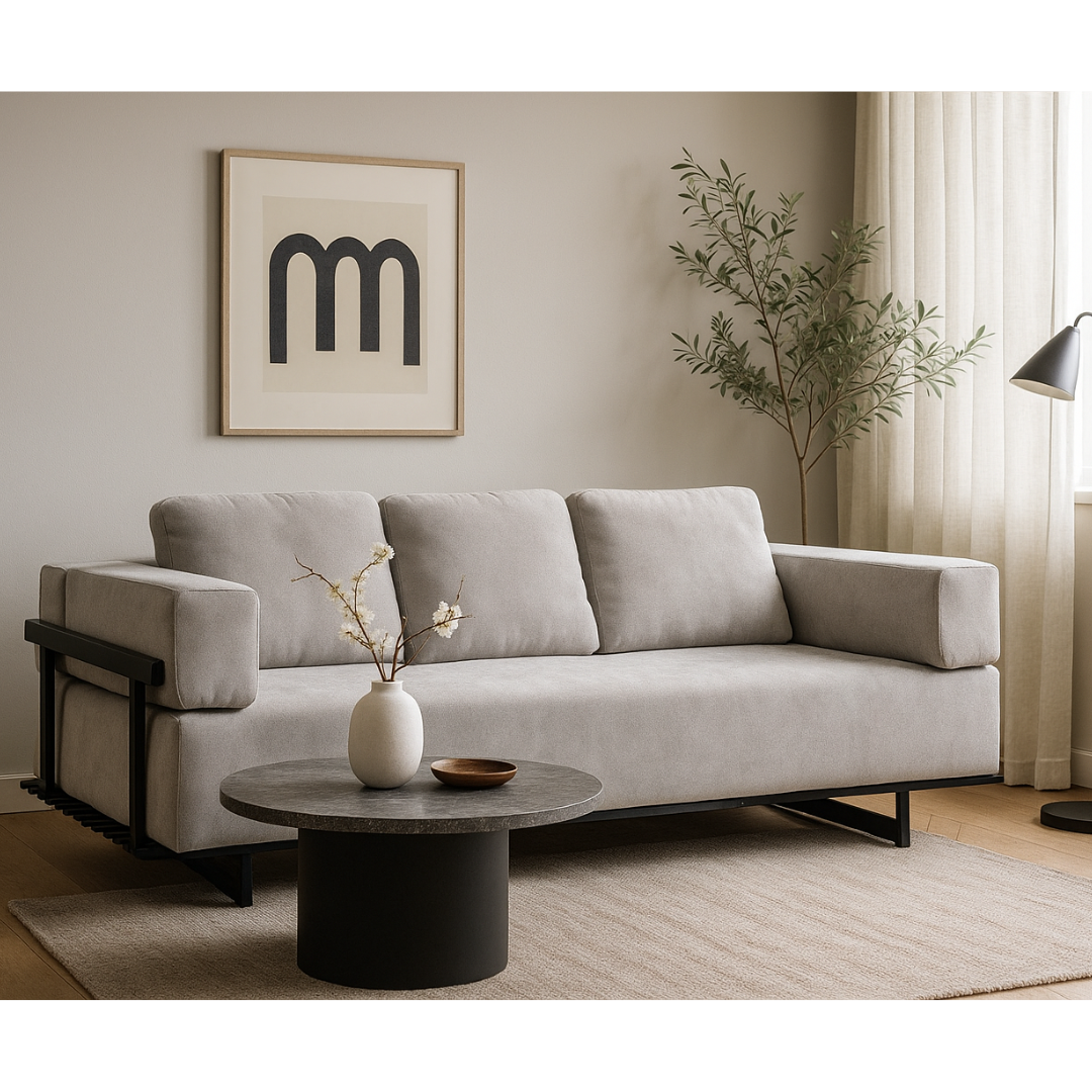 Sofá Living Chelles 200cm Konfort Base em Metal Preto Linho Cinza