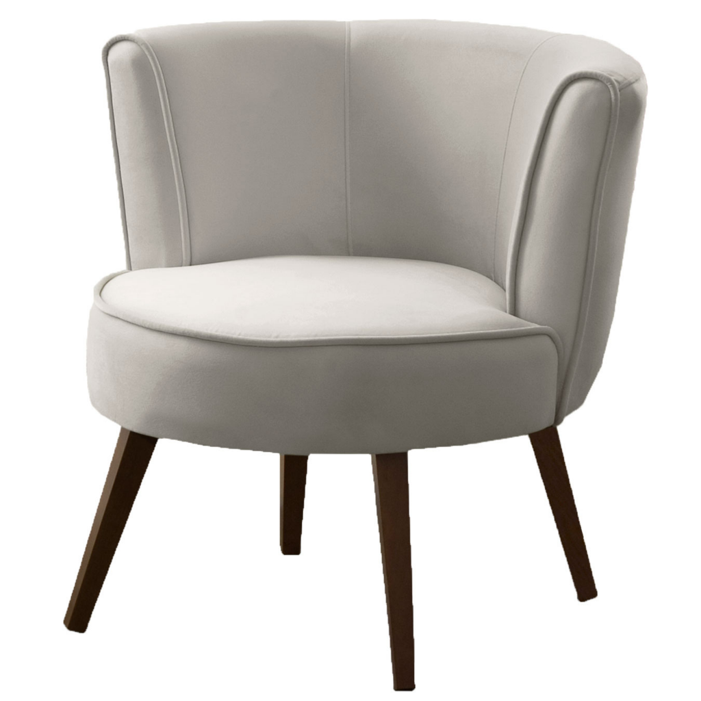 Poltrona Luna 72cm Konfort Pés Trapézio Castanho Veludo Cinza Claro