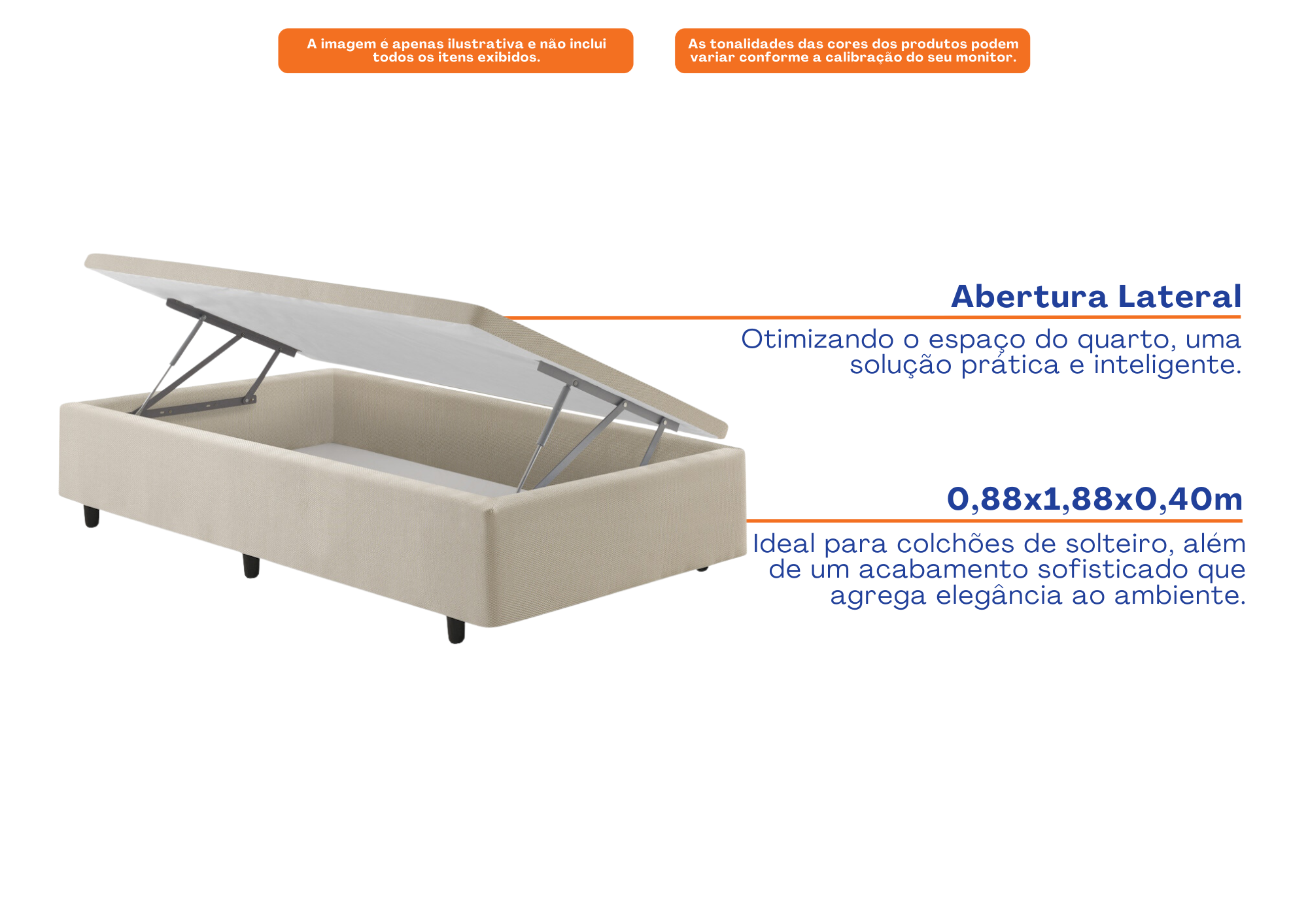 Base Baú Lateral Para Colchão Solteiro Ecoflex 88x188x40cm Champanhe