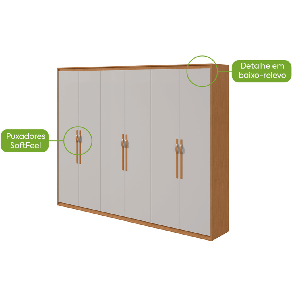 Roupeiro Suavitá Lopas 270cm 100% MDF 6 Portas Amêndoa e Off White