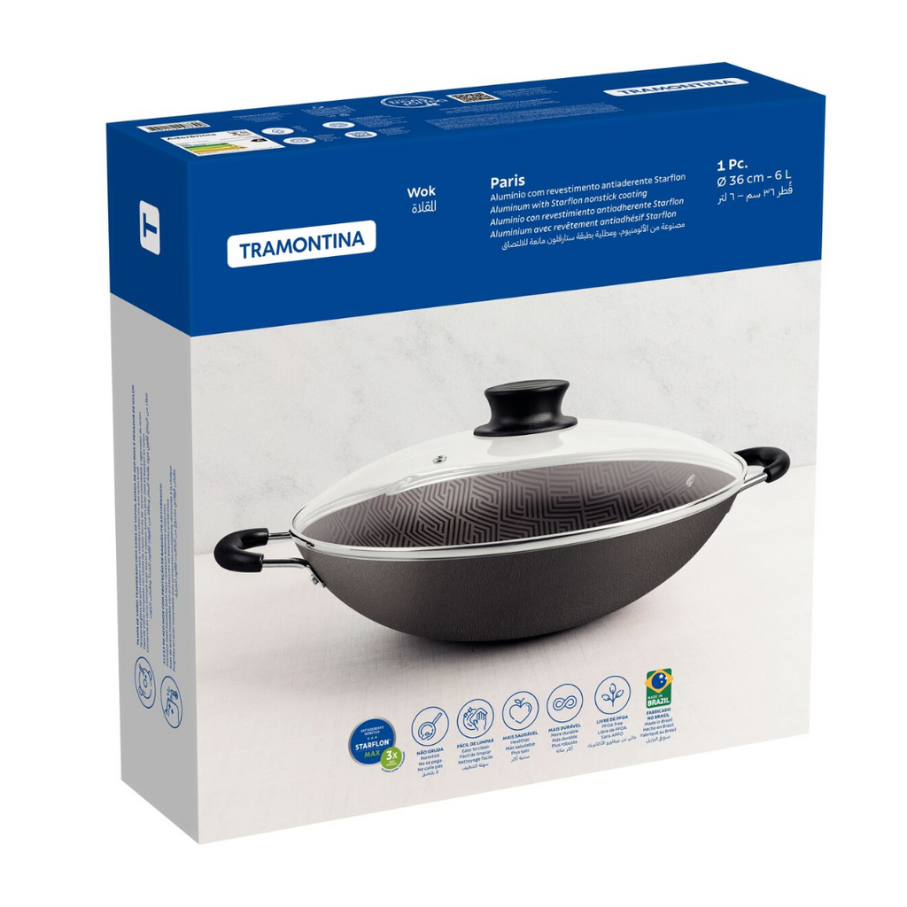 Panela Wok Paris Tramontina em Alumínio 4,4 L  Starflon Max Tampa de Vidro