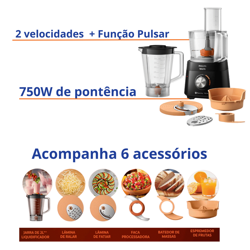 Processador Philips Walita PowerChop RI7302/90 750W Preto 220V