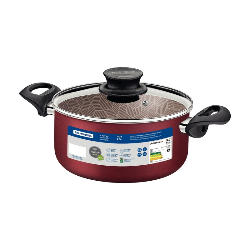 Panela Caçarola Paris Tramontina 24cm Alumínio Starflon Max com Tampa de Vidro Vermelho