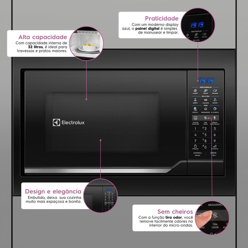 Micro-ondas de Embutir Electrolux 34L Autolimpante com Painel Blue Touch Preto 220V