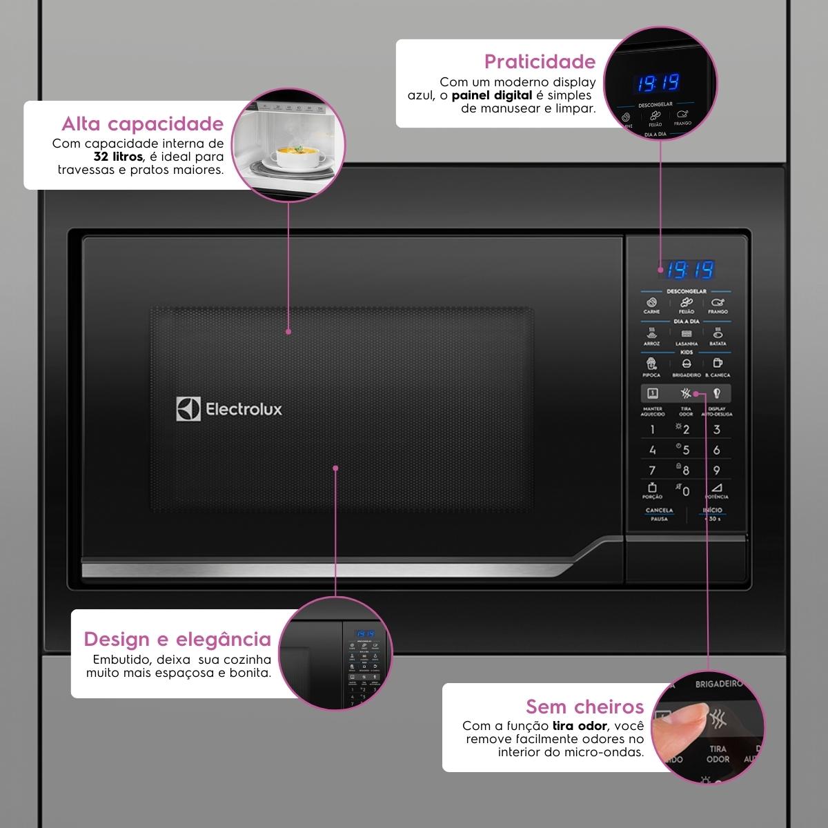 Micro-ondas de Embutir Electrolux 34L Autolimpante com Painel Blue Touch Preto 220V