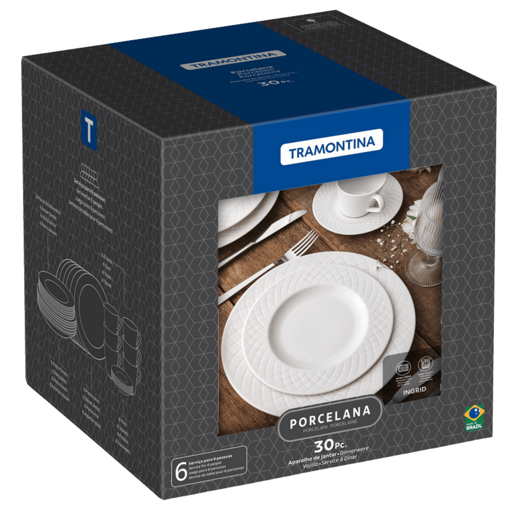 Aparelho de Jantar e Chá Tramontina 30 Peças Ingrid em Porcelana Decorada Branca