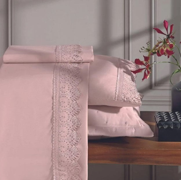 Jogo de  Roupa de Cama Casal  4 Peças  Hedrons Toque de Algodão Rendas  Rosa Tule
