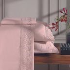Jogo de  Roupa de Cama Casal  4 Peças  Hedrons Toque de Algodão Rendas  Rosa Tule