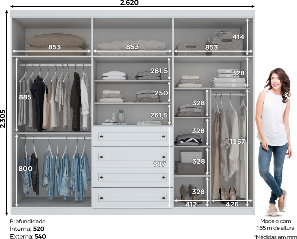 Roupeiro Americano Henn 262cm 6 Portas 4 Gavetas Branco
