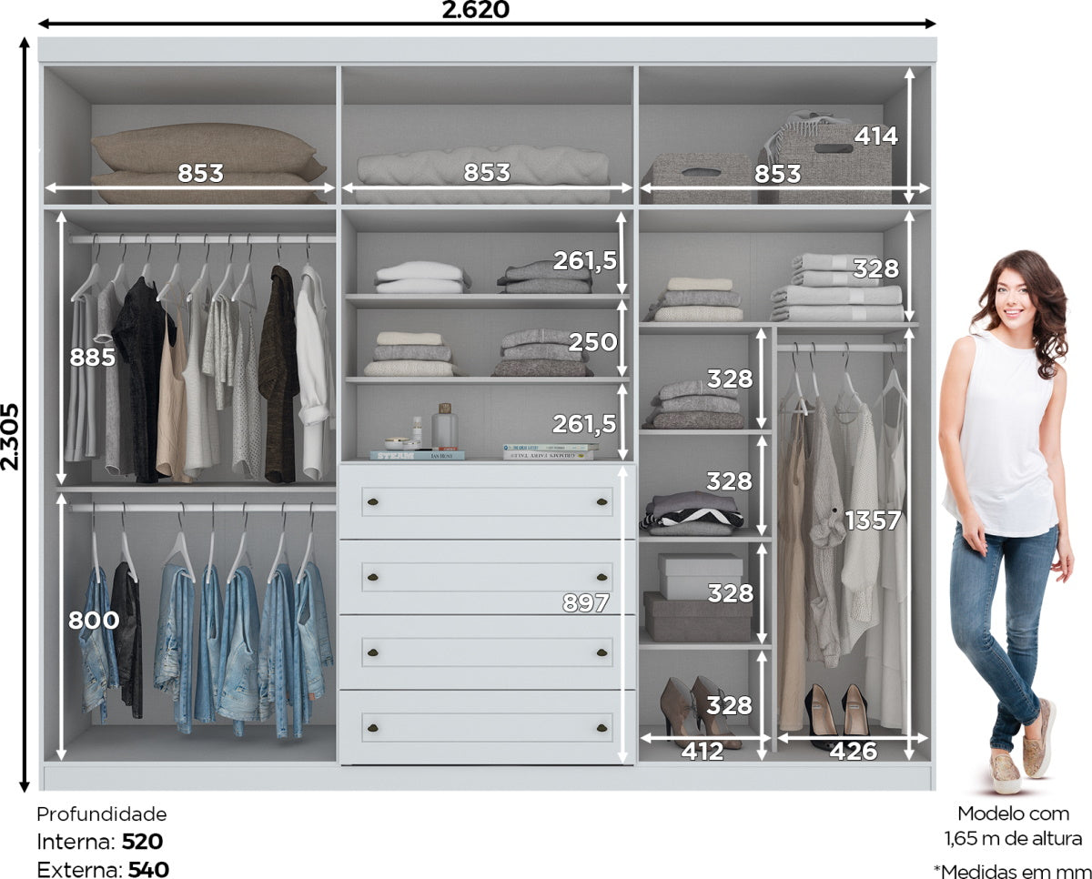 Roupeiro Americano Henn 262cm 6 Portas 4 Gavetas Branco