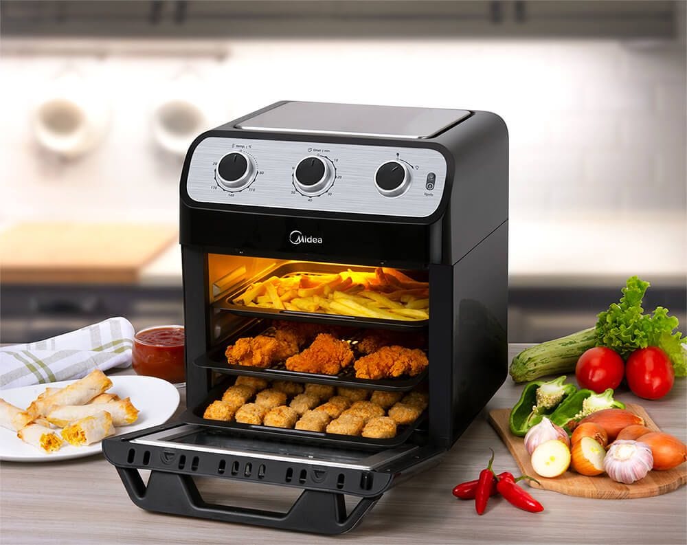 Fritadeira Elétrica Sem Óleo Air Fryer Midea 12L com Forno Ovenfryer Inox e Preto 220V