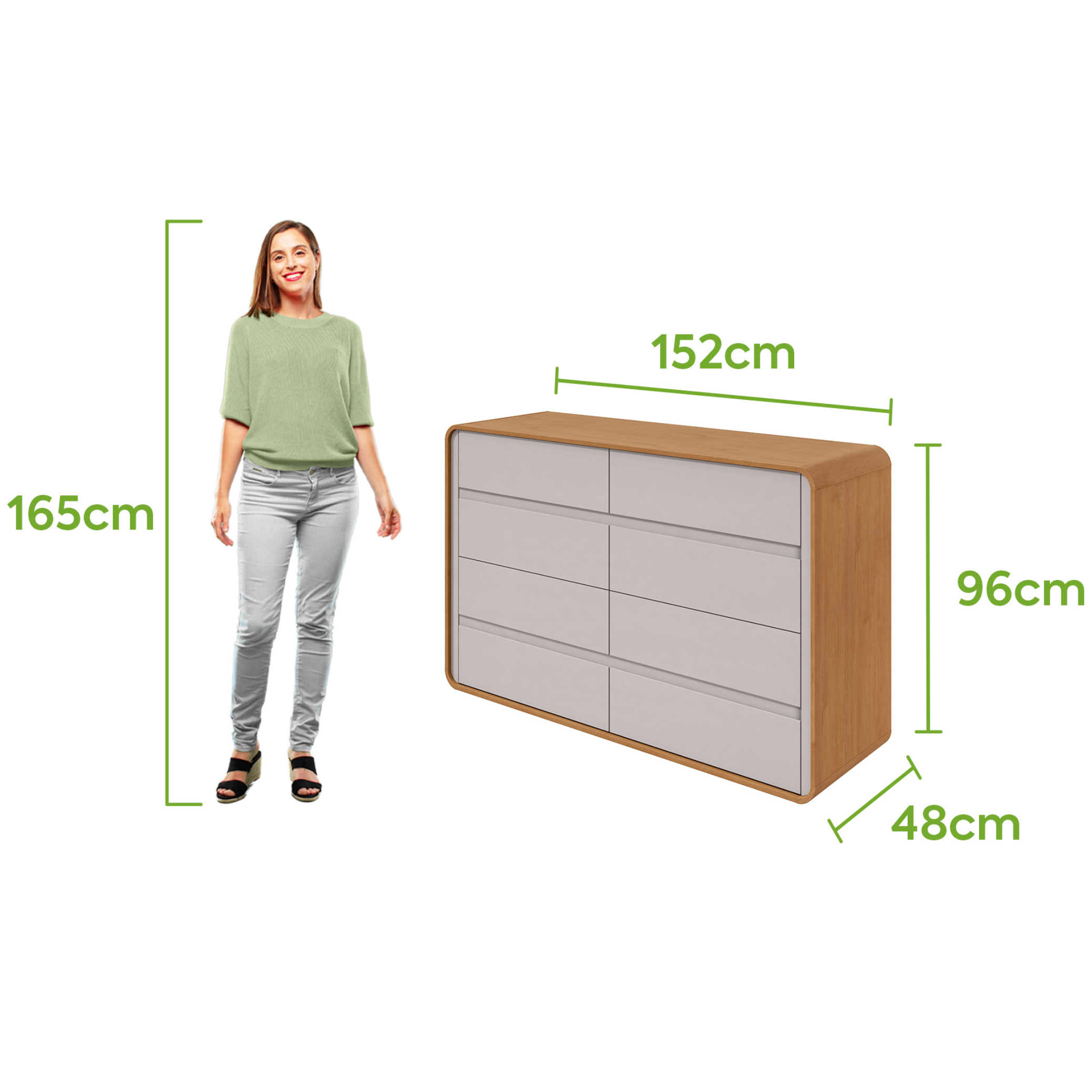 Cômoda Loop II Lopas 8 Gavetas 152cm Amêndoa e Off White