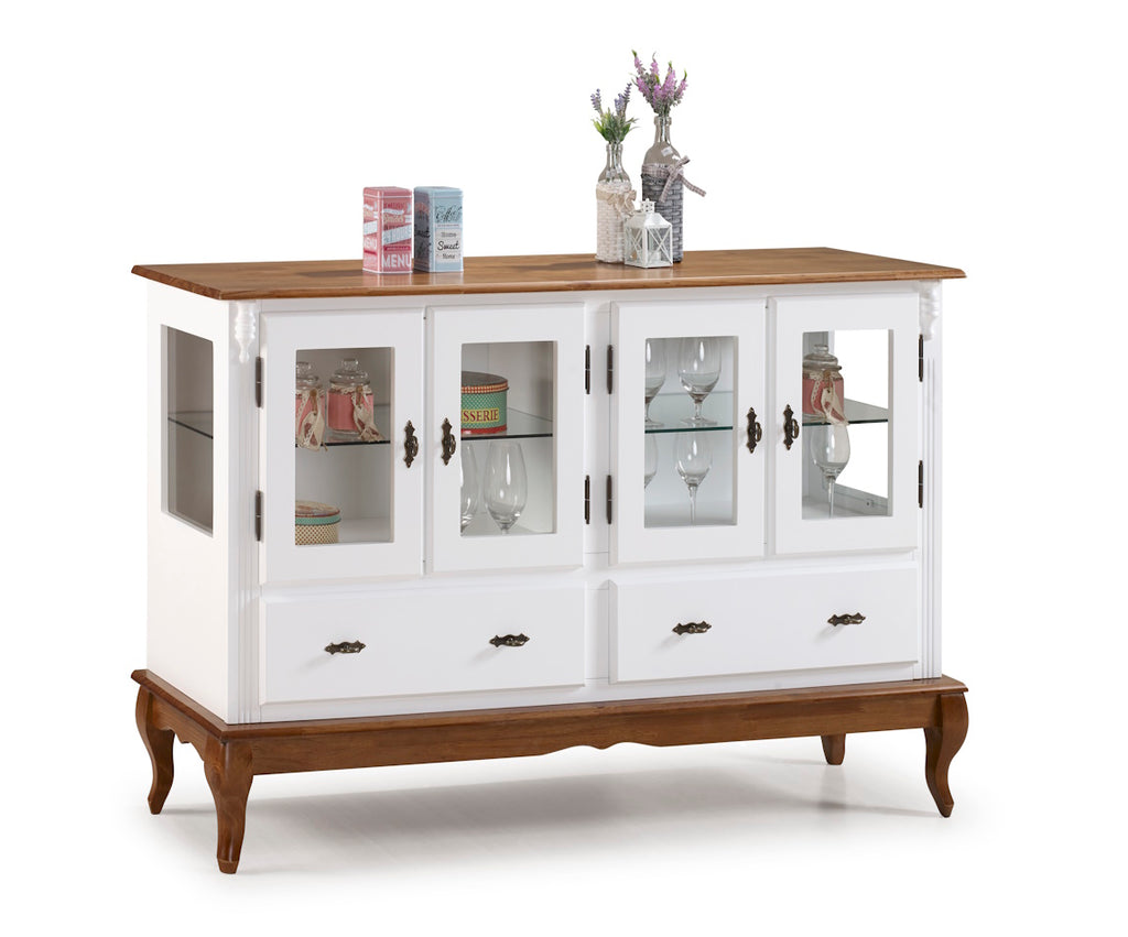 Cristaleira Baixa Rústica Linz 150x96cm 4 Portas 2 Gavetas Branco e Imbuia