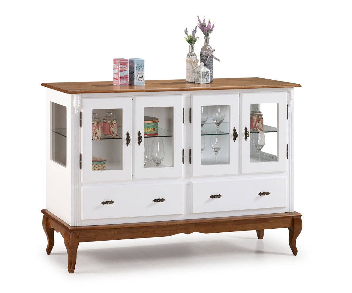 Cristaleira Baixa Rústica Linz 150x96cm 4 Portas 2 Gavetas Branco e Imbuia