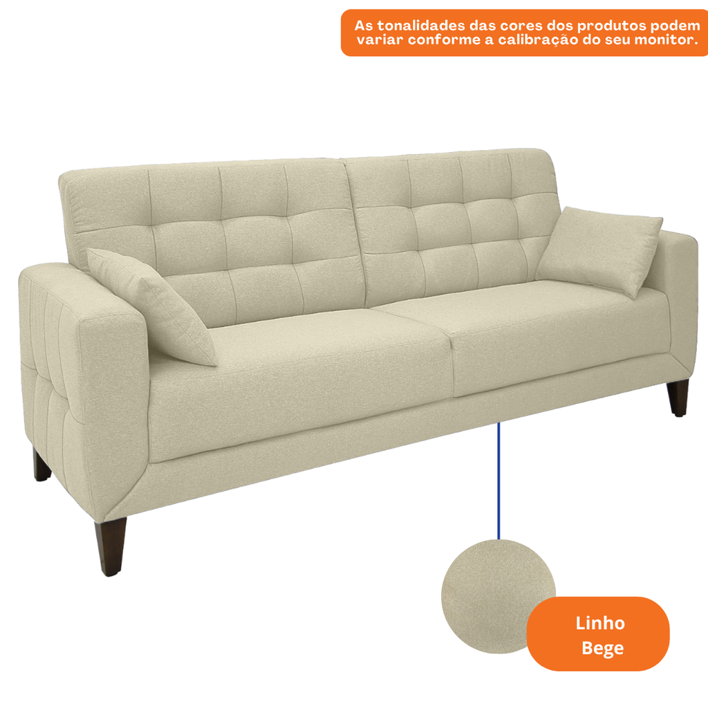 Sofá Living Vogue 210cm Linoforte 2 Assentos Pé de Madeira Linho Bege