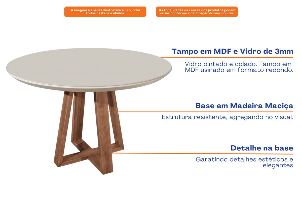 Mesa Redonda Bennett Província 115 Natural Tampo Madeira com Vidro Off White