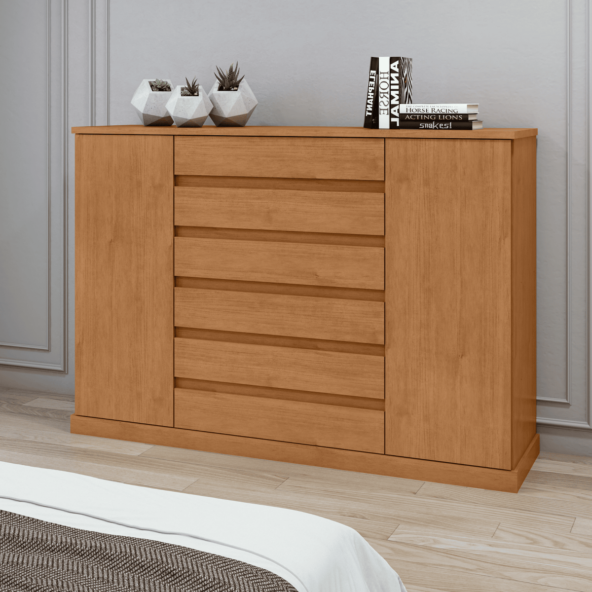 Cômoda Vedra 173cm Lopas 7 Gavetas 2 Portas Amêndoa Clean