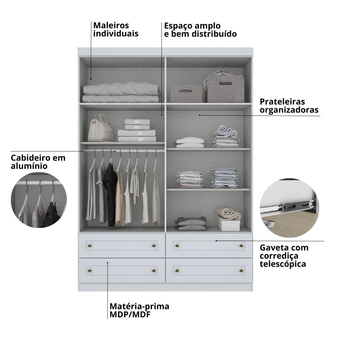 Roupeiro Americano Henn 159cm 4 Portas 4 Gavetas Branco