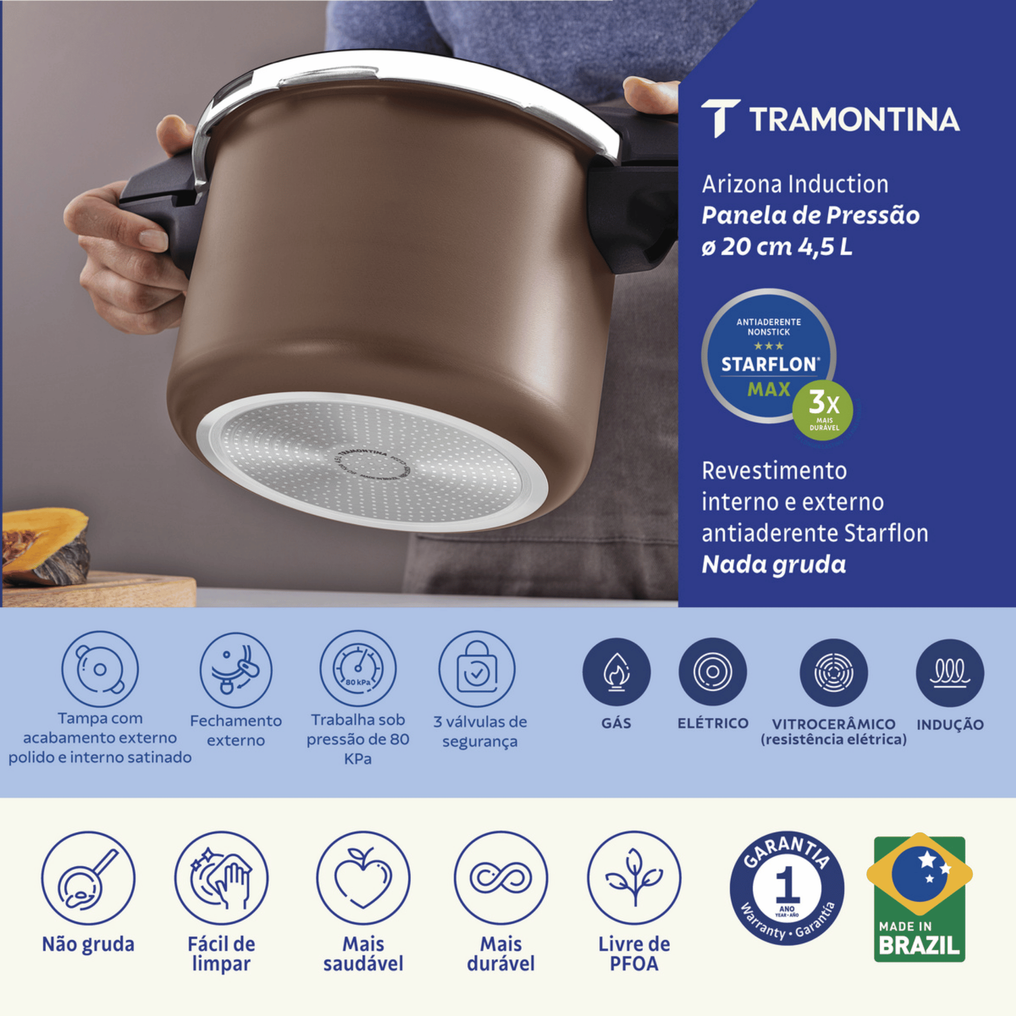 Panela de Pressão Tramontina 4,5L Arizona Indução Antiaderente Starflon Max Mocaccino
