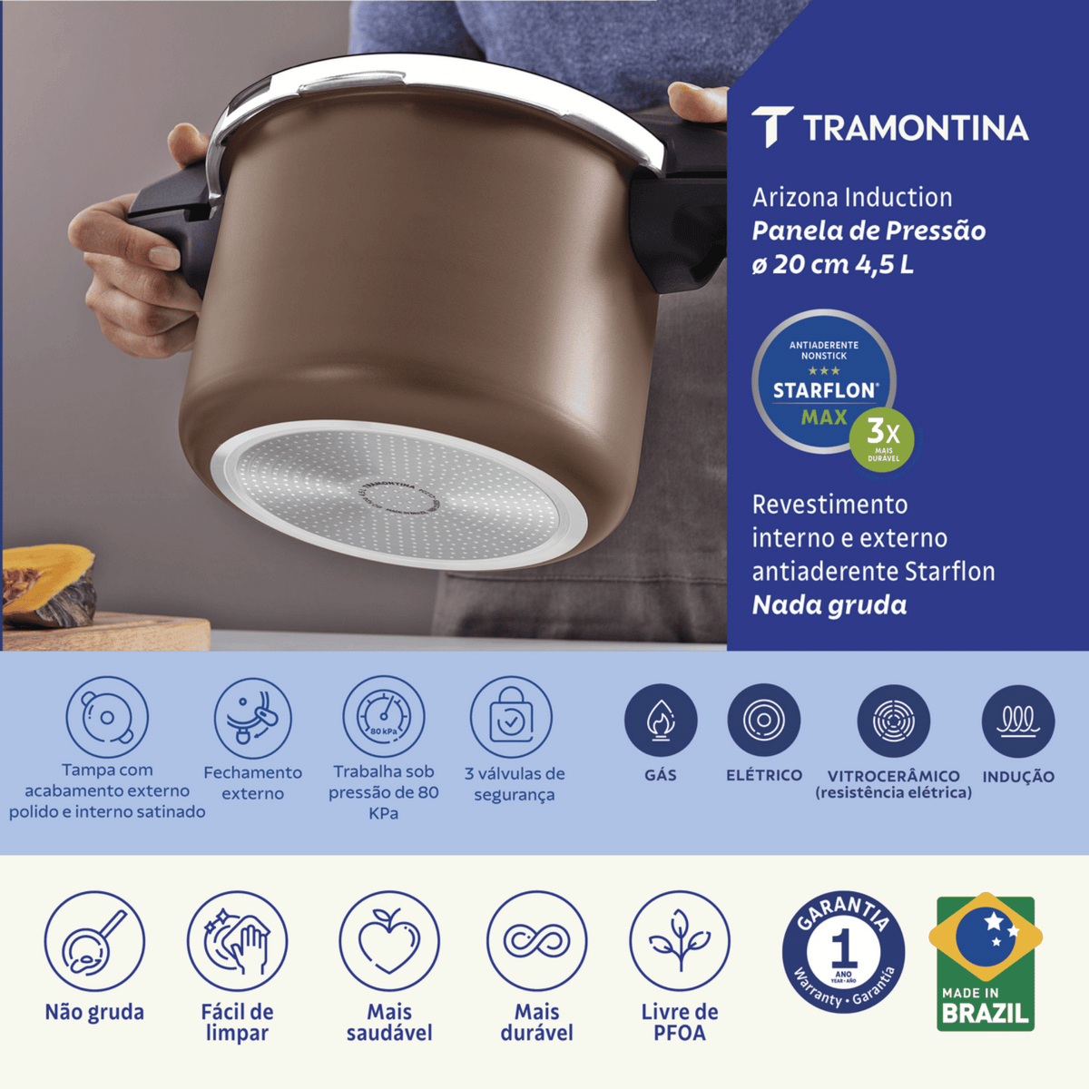 Panela de Pressão Tramontina 4,5L Arizona Indução Antiaderente Starflon Max Mocaccino
