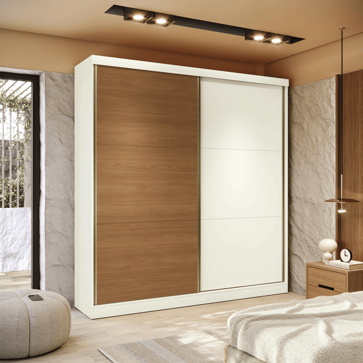 Roupeiro T592 Kappesberg 220cm 2 Portas Correr Flex Off White e Canela