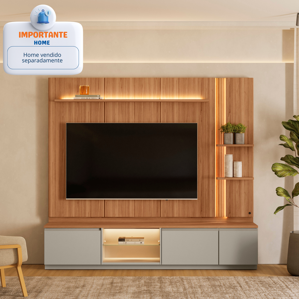 Módulo Lateral para Home Magnum Linea com Prateleiras e LED 45cm Canela e Gris Fosco