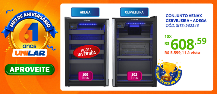 Conjunto Venax Cervejeira 102L Blue Ligth + Adega 24 Garrafas Piubella Porta Invertida Preto Fosco 220V